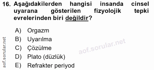 16. soru: Aşağıdakilerden hangisi insanda cinsel uyarana gösterilen fizyolojik tepki evrelerinden biri değildir? A) Orgazm B) U…