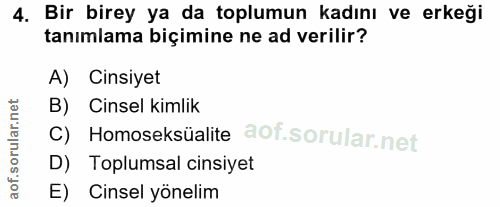 4. soru: Bir birey ya da toplumun kadını ve erkeği tanımlama biçimine ne ad verilir? A) Cinsiyet B) Cinsel kimlik C) Homoseksü…