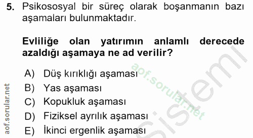 5. soru: Psikososyal bir süreç olarak boşanmanın bazı aşamaları bulunmaktadır. Evliliğe olan yatırımın anlamlı derecede azaldı…