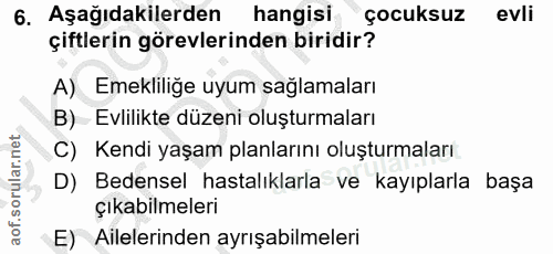 6. soru: Aşağıdakilerden hangisi çocuksuz evli çiftlerin görevlerinden biridir? A) Emekliliğe uyum sağlamaları B) Evlilikte dü…