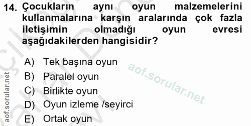 14. soru: Çocukların aynı oyun malzemelerini kullanmalarına karşın aralarında çok fazla iletişimin olmadığı oyun evresi aşağıda…