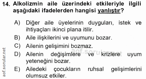 14. soru: Alkolizmin aile üzerindeki etkileriyle ilgili aşağıdaki ifadelerden hangisi yanlıştır? A) Diğer aile üyelerinin duygu…