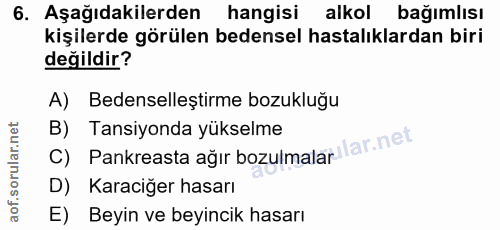 6. soru: Aşağıdakilerden hangisi alkol bağımlısı kişilerde görülen bedensel hastalıklardan biri değildir? A) Bedenselleştirme…