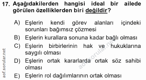 17. soru: Aşağıdakilerden hangisi ideal bir ailede görülen özelliklerden biri değildir? A) Eşlerin kendi görev alanları içindek…