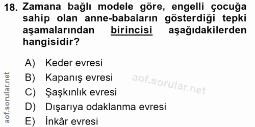 18. soru: Zamana bağlı modele göre, engelli çocuğa sahip olan anne-babaların gösterdiği tepki aşamalarından birincisi aşağıdaki…