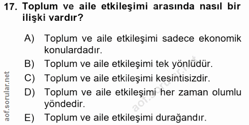 17. soru: Toplum ve aile etkileşimi arasında nasıl bir ilişki vardır? A) Toplum ve aile etkileşimi sadece ekonomik konulardadır…