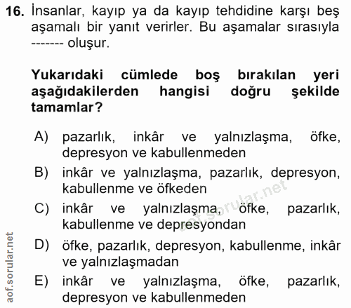 16. soru: İnsanlar, kayıp ya da kayıp tehdidine karşı beş aşamalı bir yanıt verirler. Bu aşamalar sırasıyla ------ oluşur. Yuka…