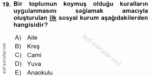 19. soru: Bir toplumun koymuş olduğu kuralların uygulanmasını sağlamak amacıyla oluşturulan ilk sosyal kurum aşağıdakilerden ha…