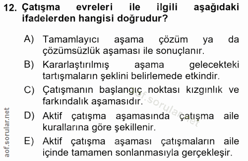 12. soru: Çatışma evreleri ile ilgili aşağıdaki ifadelerden hangisi doğrudur? A) Tamamlayıcı/ aşama çözüm ya da çözümsüzlük aşa…
