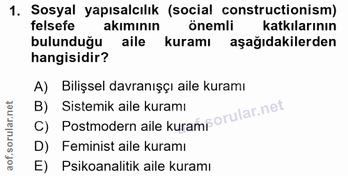 1. soru: Sosyal yapısalcılık (social constructionism) felsefe akımının önemli katkılarının bulunduğu aile kuramı aşağıdakilerd…