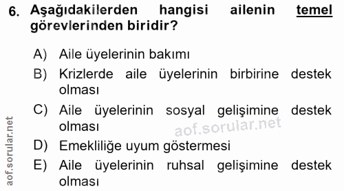 6. soru: Aşağıdakilerden| hangisi ailenin temel görevlerinden biridir? A) Aile üyelerinin bakımı B) Krizlerde aile üyelerinin…