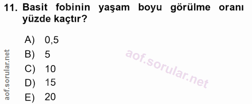 11. soru: Basit fobinin yaşam boyu görülme oranı yüzde kaçtır? A) 0,5 B) 5 C) 10 D) 15 E) 20