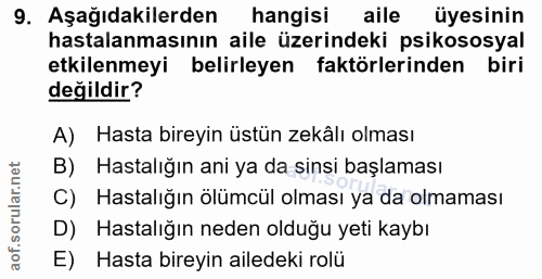9. soru: Aşağıdakilerden hangisi aile üyesinin hastalanmasının aile üzerindeki psikososyal etkilenmeyi belirleyen faktörlerind…