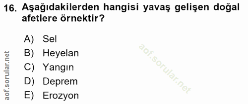 16. soru: Aşağıdakilerden hangisi yavaş gelişen doğal afetlere örnektir? A) Sel B) Heyelan C) Yangın D) Deprem E) Erozyon