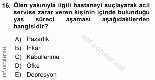 16. soru: Ölen yakınıyla ilgili hastaneyi suçlayarak acil servise zarar veren kişinin içinde bulunduğu yas süreci aşaması aşağı…