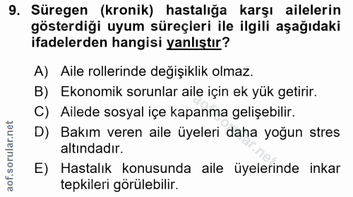 9. soru: Süregen (kronik) hastalığa karşı ailelerin gösterdiği uyum süreçleri ile ilgili aşağıdaki ifadelerden hangisi yanlışt…