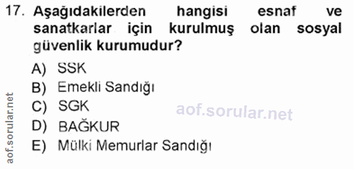 17. soru: Aşağıdakilerden hangisi esnaf ve sanatkarlar için kurulmuş olan sosyal güvenlik kurumudur? A) SSK B) Emekli Sandığı C…