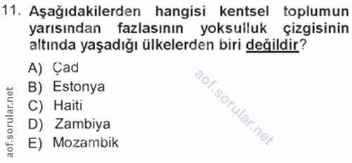 11. soru: Aşağıdakilerden hangisi kentsel toplumun yarısından fazlasının yoksulluk çizgisinin altında yaşadığı ülkelerden biri…