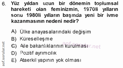 6. soru: Yüz yıldan uzun bir dönemin toplumsal hareketi olan feminizmin, 1970li yılların sonu 1980li yılların başında yeni bir…