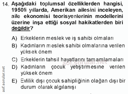 14. soru: Aşağıdaki toplumsal özelliklerden hangisi, 1950li yıllarda, Amerikan ailesini inceleyen, aile ekonomisi teorisyenleri…