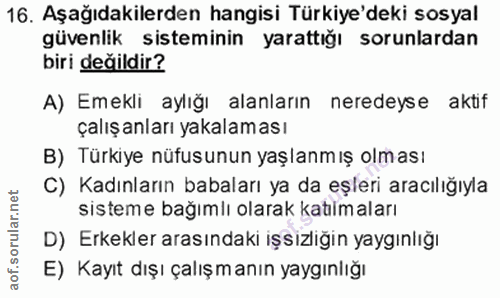 16. soru: Aşağıdakilerden hangisi Türkiye'deki sosyal güvenlik sisteminin yarattığı sorunlardan biri değildir? A) Emekli aylığı…