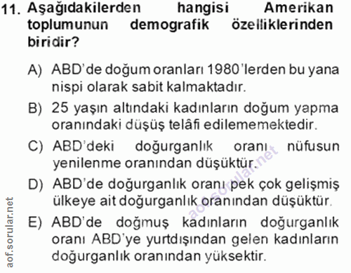 11. soru: Aşağıdakilerden hangisi Amerikan toplumunun demografik özelliklerinden biridir? A) ABD' de doğum oranları 1980 'erden…