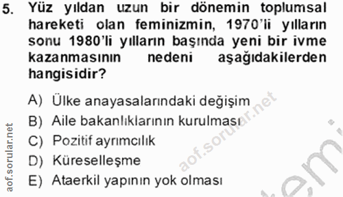 5. soru: Yüz yıldan uzun bir dönemin toplumsal hareketi olan feminizmin, 1970'li yılların sonu 1980'li yılların başında yeni b…