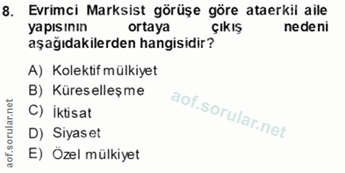 8. soru: Evrimci Marksist görüşe göre ataerkil aile yapısının ortaya ÇıkıŞ ne de ni aşağıdakilerden hangisidir? A) Kolektif mü…