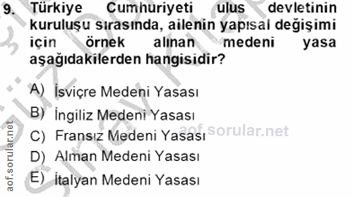9. soru: Türkiye Cumhuriyeti ulus devletinin kuruluşu sırasında, ailenin yapısal değişimi için örnek alinan medeni yasa aşağıd…