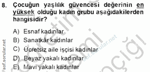 8. soru: Çocuğun yaşiılık güvencesi değerinin en yüksek olduğu kadın grubu aşağıdakilerden hangisidir? A) Esnaf kadınlar B) Sa…