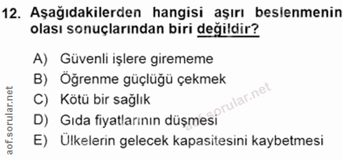 12. soru: Aşağıdakilerden hangisi aşırı beslenmenin olası sonuçlarından biri değildir? A) Güvenli işlere girememe B) Öğrenme gü…