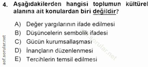 4. soru: Aşağıdakilerden hangisi toplumun kültüre alanına ait konulardan biri değildir? A) Değer yargılarının ifade edilmesi B…