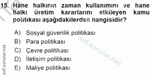 15. soru: Hane halkının zaman kullanımını ve hane halkı üretim kararlarını etkileyen kamu politikası aşağıdakilerden hangisidir…
