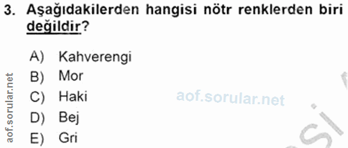 3. soru: Aşağıdakilerden hangisi nötr renklerden biri değildir? A) Kahverengi orular.net B) Mor C) Haki D) Bej aof. E) Gri