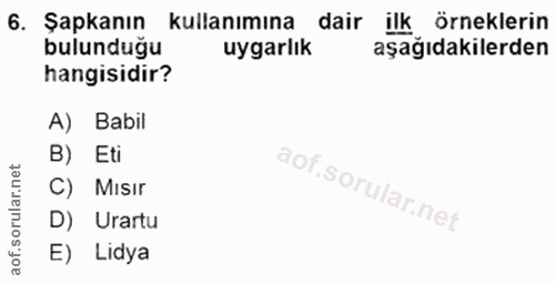 6. soru: Şapkanın kullanımına dair ilk örneklerin bulunduğu uygarlık aşağıdakilerden hangisidir? A) Babil B) Eti C) Mısir D) U…