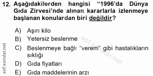 12. soru: Aşağıdakilerden hangisi "1996'da Dünya Gıda Zirvesi'nde alınan kararlarla izlenmeye başlanan konulardan biri değildir…