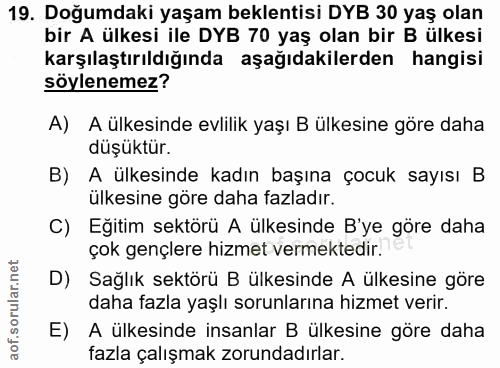 19. soru: Doğumdaki yaşam beklentisi DYB 30 yaş olan bir A ülkesi ile DYB 70 yaş olan bir B ülkesi karşılaştırıldığında aşağıda…