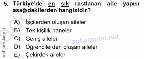 5. soru: Türkiye'de en sık rastlanan aile yapısı aşağıdakilerden hangisidir? A) Işçilerden oluşan aileler B) Tek kişilik hanel…