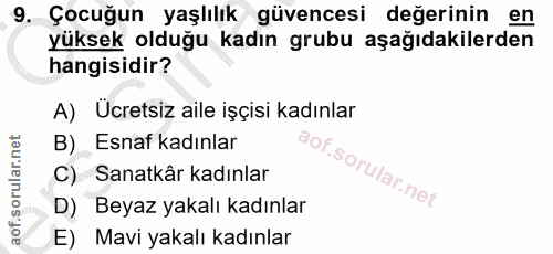 9. soru: Çocuğun yaşlılık güvencesi değerinin en yüksek olduğu kadın grubu aşağıdakilerden hangisidir? A) Ucretsiz aile işçisi…