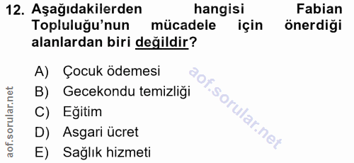 12. soru: Aşağıdakilerden hangisi Fabian Topluluğu'nun mücadele için önerdiği alanlardan biri değildir? A) Çocuk ödemesi B) Gec…