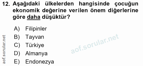 12. soru: Aşağıdaki ülkelerden hangisinde çocuğun ekonomik değerine verilen önem diğerlerine göre daha düşüktür? A) Filipinler…