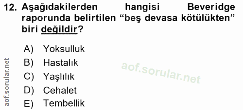 12. soru: Aşağıdakilerden hangisi Beveridge raporunda belirtilen "beş devasa kötülükten" biri değildir? A) Yoksulluk B) Hastalı…