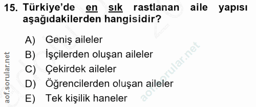 15. soru: Türkiye'de en sık rastlanan aile yapısı aşağıdakilerden hangisidir? A) Geniş aileler B) İşçilerden oluşan aileler lar…
