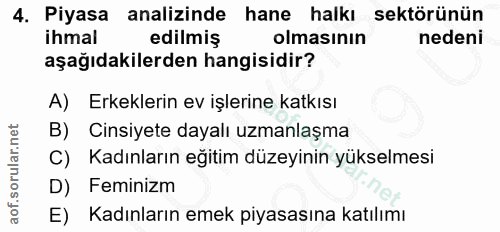 4. soru: Piyasa analizinde hane halkı sektörünün ihmal edilmiş olmasının nedeni aşağıdakilerden hangisidir? A) Erkeklerin ev i…