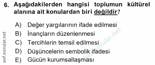 6. soru: Aşağıdakilerden hangisi toplumun kültürel alanına ait konulardan biri değildir? A) Değer yargılarının ifade edilmesi…