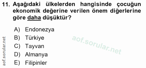 11. soru: Aşağıdaki ülkelerden hangisinde çocuğun ekonomik değerine verilen önem diğerlerine göre daha düşüktür? A) Endonezya B…
