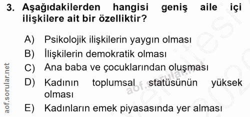 3. soru: Aşağıdakilerden hangisi geniş aile içi ilişkilere ait bir özelliktir? A) Psikolojik ilişkilerin yaygın olması B) Iliş…