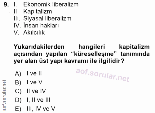 9. soru: l. Ekonomik liberalizm II. Kapitalizm IlI. Siyasal liberalizm IV. İnsan hakları V. Akılcılık Yukarıdakilerden hangile…