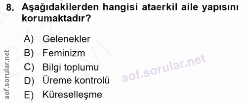 8. soru: Aşağıdakilerden hangisi ataerkil aile yapısını korumaktadır? A) Gelenekler B) Feminızm C) Bilgi toplumu D) Ureme kont…