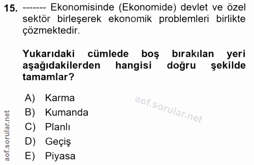 15. soru: - Ekonomisinde (Ekonomide) devlet ve özel sektör birleşerek ekonomik problemleri birlikte çözmektedir. Yukarıdaki cüm…